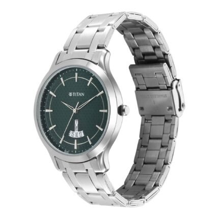 Titan Karishma Quartz Analog watch with an anthracite green textured dial and a silver stainless steel strap