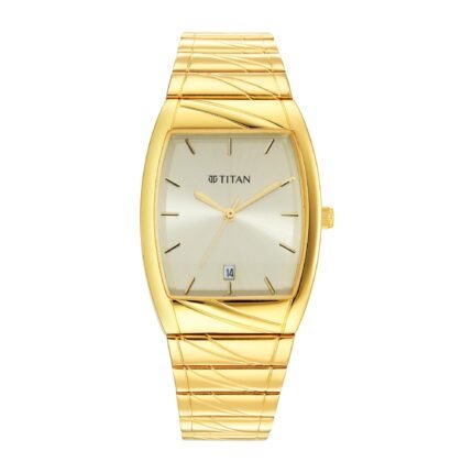 Titan Karishma Analog Watch for men featuring a gold-toned stainless steel strap